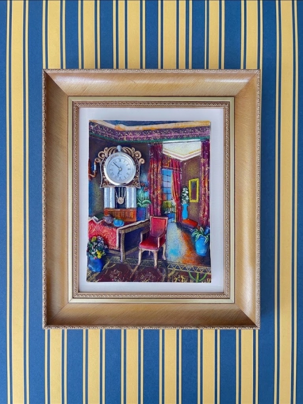 3D Vintage Interior Scene Framed Art Working Grandfather Clock Relief